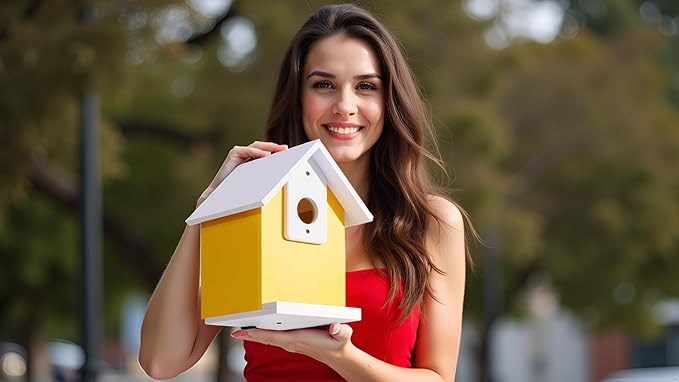 Water Proof Window View Bird House for Outside with 2 Powerful Hooks,Vinyl Birdhouse for Viewing Inside, Multifunctional Entrance For Various Birds 1.25" + 1.5" Hole, 10 Years Performance（Yellow）