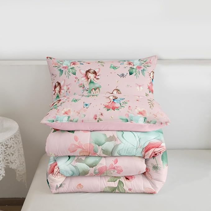 Erosebridal Fairy Garden Twin Bedding Set - Butterfly & Floral Comforter Set for Girls Kids, Pink Green Flowers Fairies Quilt | Aesthetic Flower Cute Bedroom Decor with 1 Pillowcase