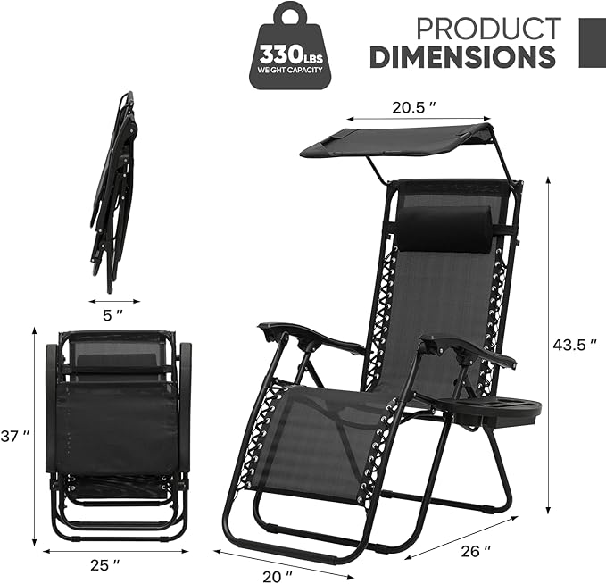 Magshion Zero Gravity Chair with Canopy Set of 2, Reclining Outdoor Patio Lounge Chair, Folding Anti Gravity Recliner, Portable Lounger with Removable Cup Holder Side Tray and Pillow Headrest (Black)