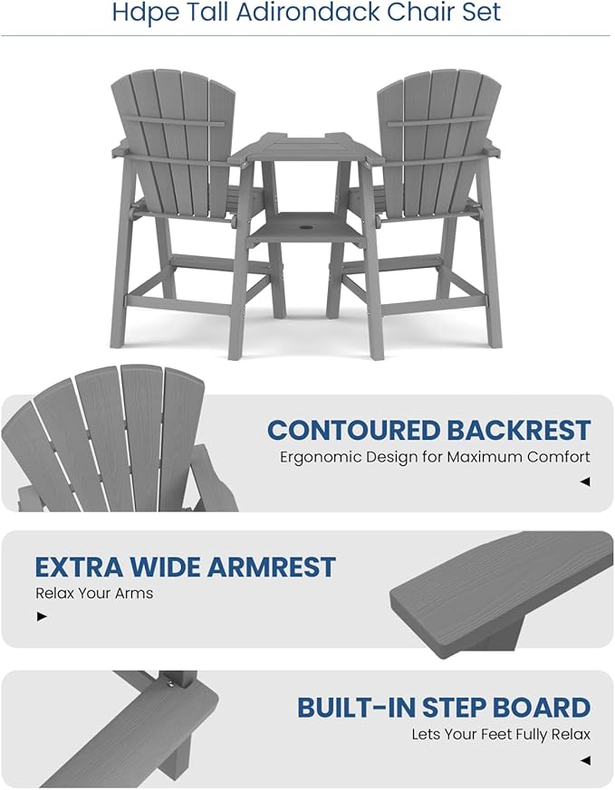 Ciokea Tall Adirondack Chairs Set of 4, HDPE Outdoor High Back Adirondack Chair with Double Connecting Tray, Weather Resistant Balcony Chairs for Deck, Lawn, Pool, Backyard, Gray