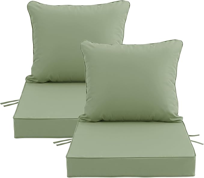 19x19 Inch Patio Chair Cushions Set of 2, Outdoor Furniture Cushions - Removable Cover, Water-Repellent, Fade-Resistant, Non-Slip Bottom & Straps, Replacement for Lawn, Porch & Deck Chair - Sage Green