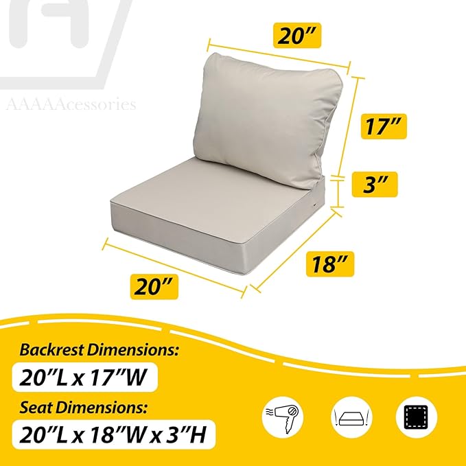 AAAAAcessories Outdoor Seat Cushions for Chairs, Fade-Resistant, Waterproof Patio Furniture Replacement Cushions, 20" x 18" x 3" + 20" x 17", Beige