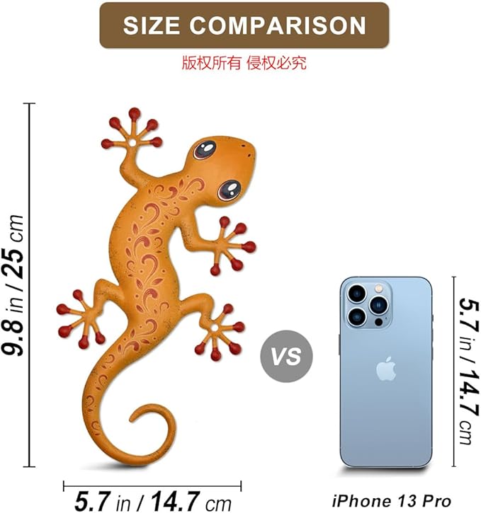 4 Pcs Metal Gecko Outdoor Decorations - Metal Wall Art Hanging Sculpture Decoration for Garden Yard Fence Porch Wall Decor, Gift for Mom Friends