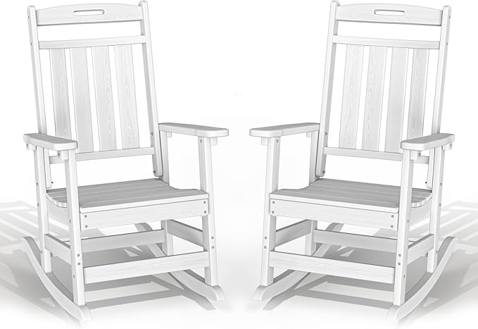 Plawdlik Oversized Outdoor Rocking Chairs 2 Pack - All-Weather HDPE Heavy Duty Patio Rockers with High Back - Modern Style for Porch, Garden - White