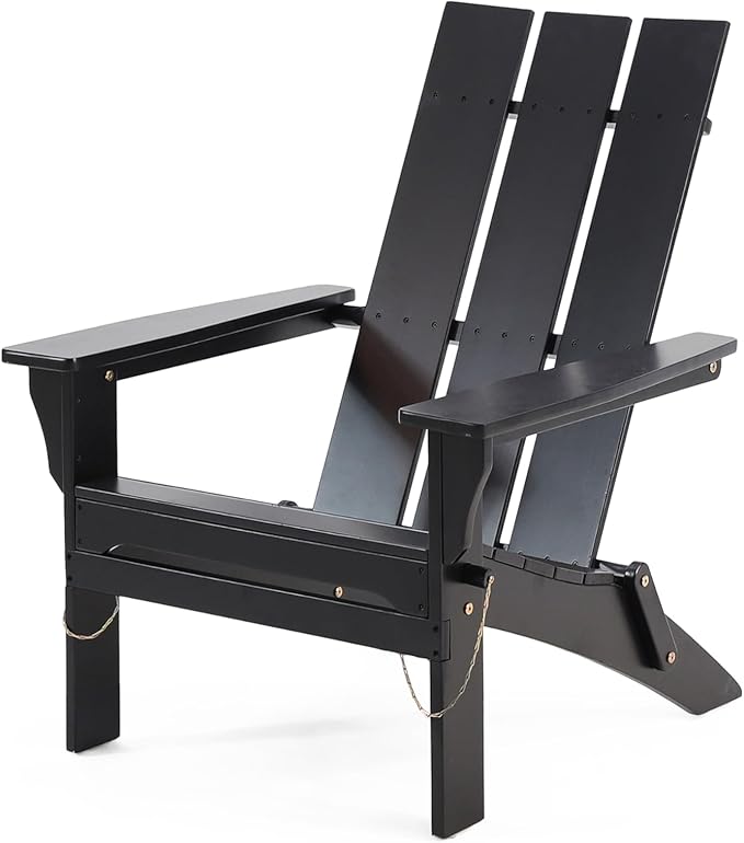 Christopher Knight Home Kaisa Acacia Wood Lounge Chair Outdoor, Foldable Adirondack Chair, Slatted Design Side Chair, Extra Seating for Balcony Backyard Poolside Garden, Weather Resistant, Black