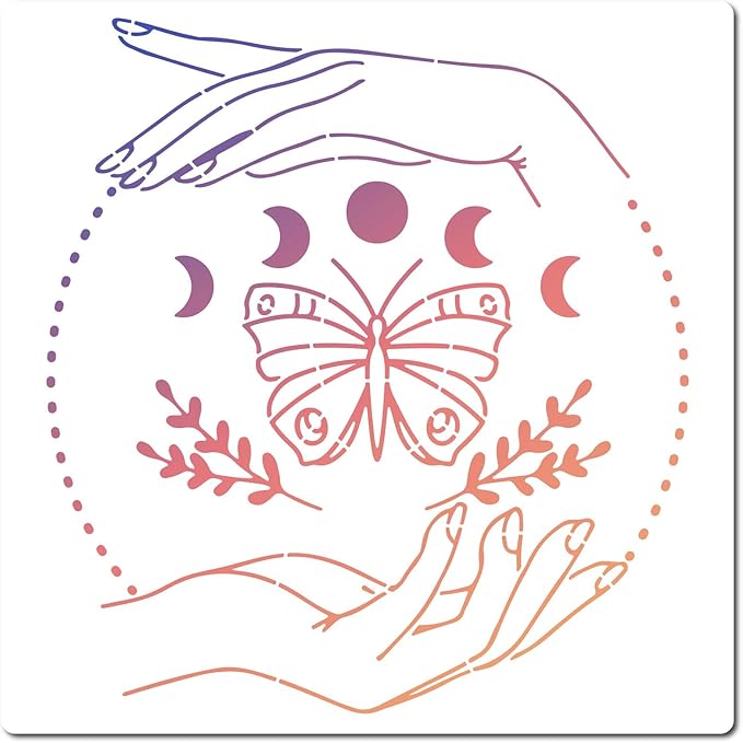 GORGECRAFT 12"X12"Moon Phase Stencil Butterfly Templates Square Plastic Leaves Drawing Templates Lifting Hands Ring Star Templates Witch Magical Decoration Stencil for Painting on Wood Wall Shirt