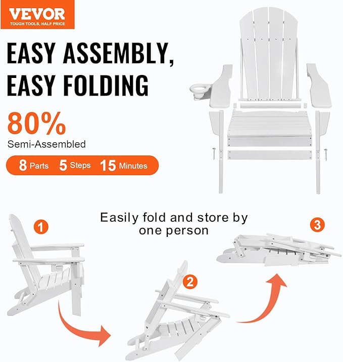 VEVOR Folding Adirondack Chairs Set of 2 with Cup Holder, All-Weather Portable Plastic Fire Pit Chair, Outdoor Adirondack Patio Chair, with Relaxing Arm Rest Ergonomic, for Garden, Backyard, White
