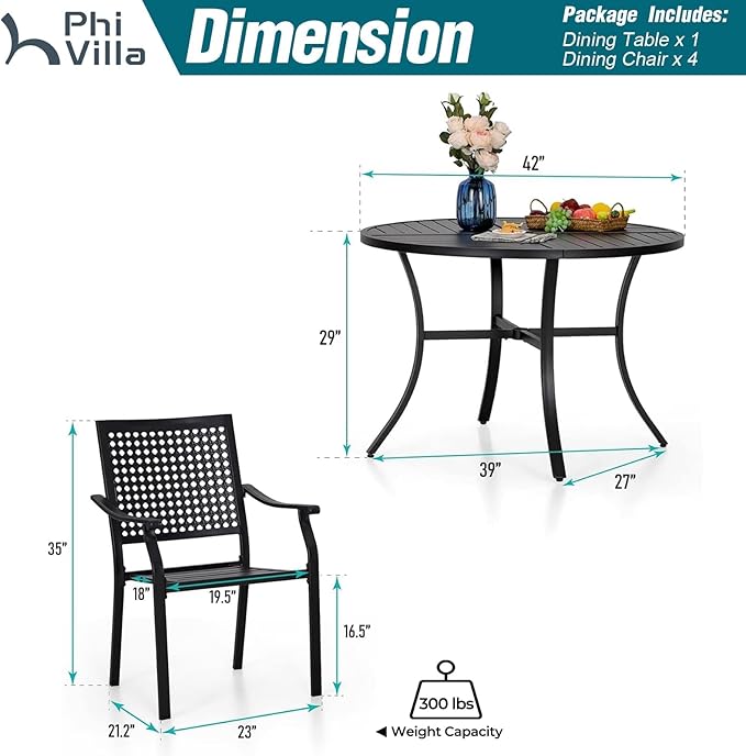 PHI VILLA 5 Pieces Outdoor Round Dining Set for 4, 42" Metal Steel Table with Umbrella Hole & Stacking Wrought Iron Chairs with Cushions, Modern Circle Furniture Set for Patio, Deck, Yard, Porch