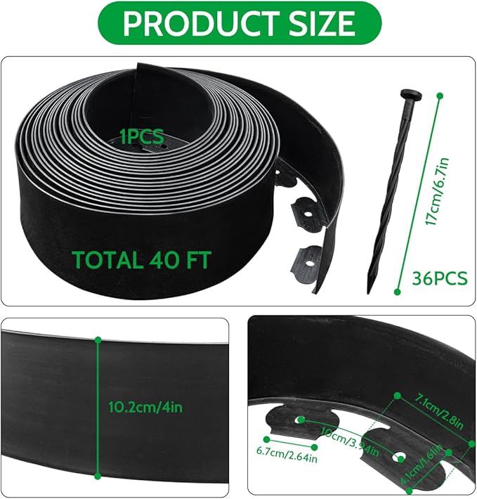 40 FT Landscape Edging No Dig [Extra Tall 4 Inch High] with 36 Spikes, Heavy-Duty Plastic Garden Edging Border (Black, 40FT)