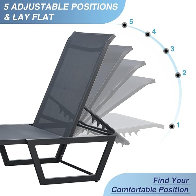 Outdoor Lounge Chair, No Assembly Patio Chaise Lounge Outdoor with 5-Positions, Aluminum Pool Lounge Chair with Portable Design for Pool, Beach, Deck, Backyard,(Grey)