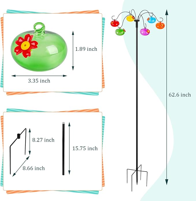 Liitrton Glass Hummingbird Feeders with Shepherds Hook for Outdoors Hanging 6 Hand-Blow Glass Hummingbird Feeder Balls, Adjustable Hight Bird Feeder Pole for Outside Garden Decor
