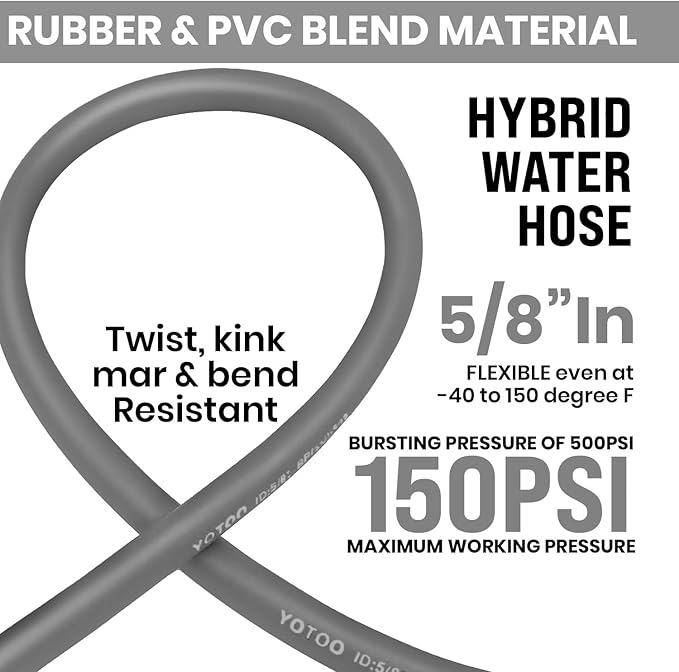 YOTOO Heavy Duty Hybrid Garden Water Hose 5/8-Inch by 25-Feet 150 PSI Kink Resistant, Flexible with Swivel Grip Handle and 3/4" GHT Solid Brass Fittings, Gray
