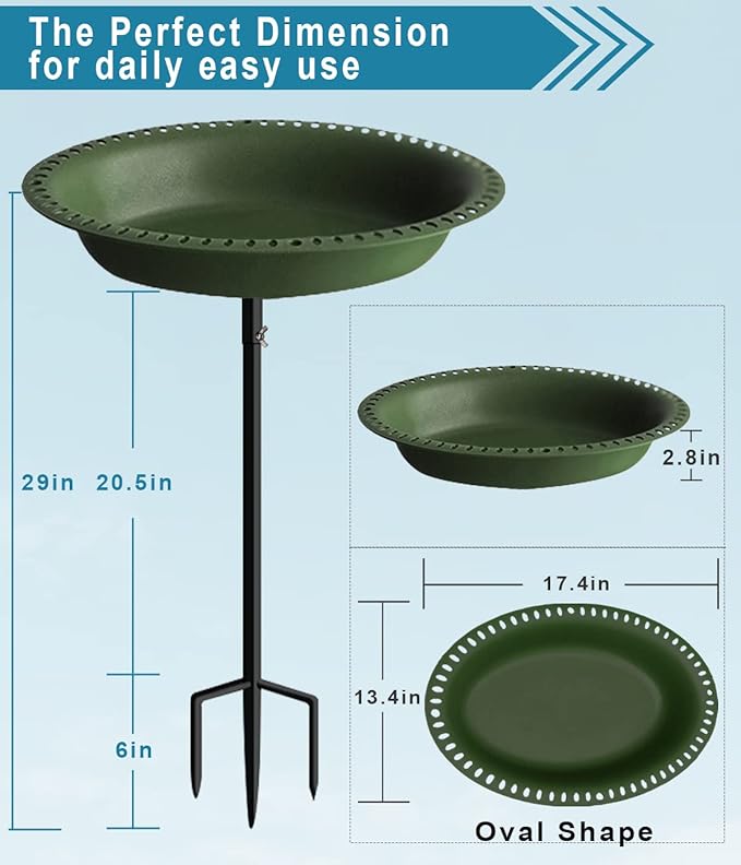 Koutemie 1-¼ Gallon Detachable Freestanding Garden Bird Bath Bird Feeder Bowl with Metal Stake for Outdoor, Deep Green, 29 Inch