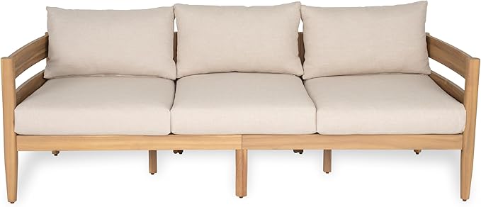 Christopher Knight Home Kavets 76.25'' W Outdoor 3 Seater Sofa with 5" Cushion, Acacia Wood Patio Sofa, Modern Slat Panel Bench, Spacious Seating Couch for Backyard Garden Porch, Light Teak+Beige