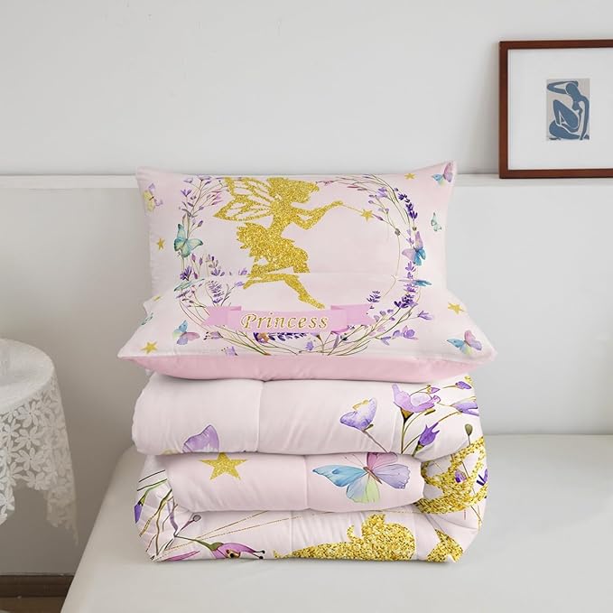 Erosebridal Fairy Garden Full Comforter Set,Dreamy Butterfly Floral Bedding Sets for Girls Kids,Pink Coquette Flower Quilt Bed Set,Cute Girly Princess Bedroom Decor,2 Pillowcases Breathable