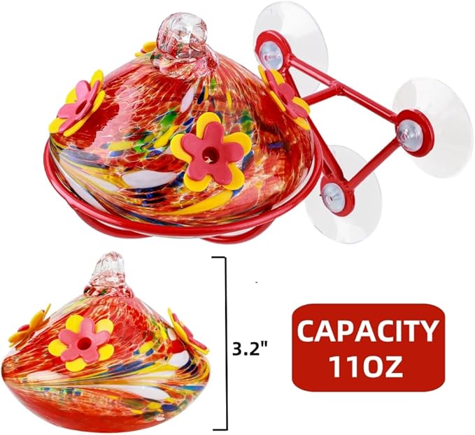 Window Hummingbird Feeder - Hand Blown Glass Mounted Hummingbird Feeder with Strong Suction Cups for Outdoor Window Mount (Red)