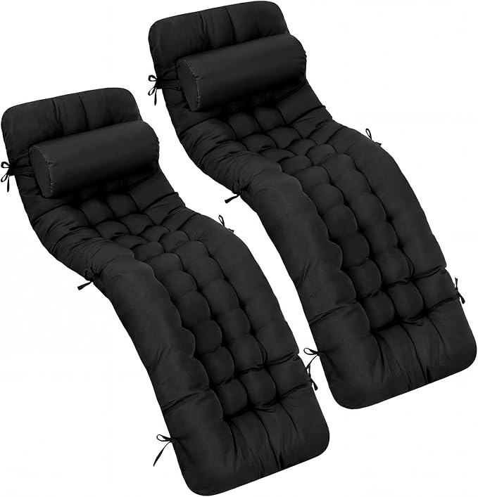 Tudomro 2 Pcs Black 66'' Outdoor Chaise Lounge Cushion Waterproof Patio Lawn Pool Chaise Lounge Cushion with Headrest Pillow & Ties Weather Fade Resistant Replacement Longue Chair Pad