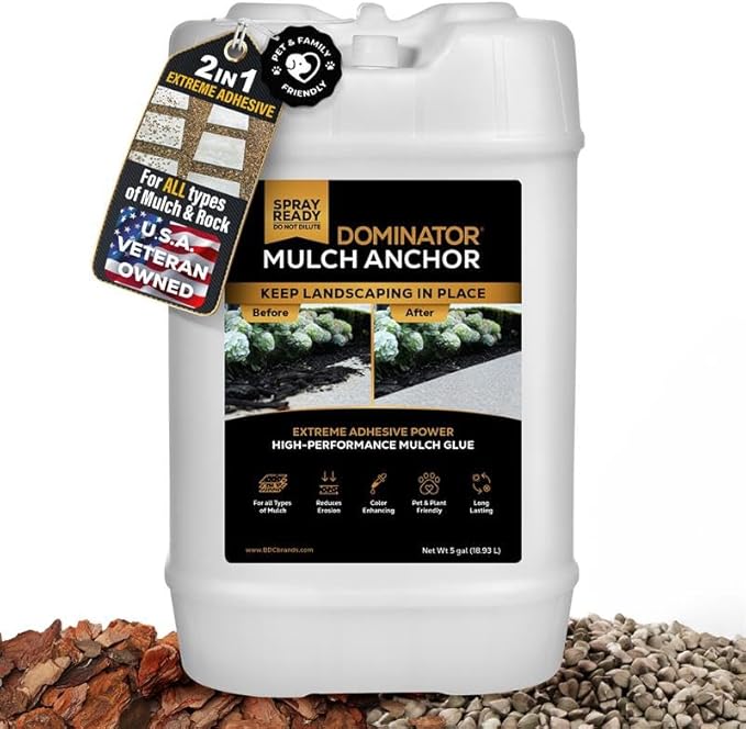 Dominator Mulch Anchor 5 Gallon - Mulch Glue for Landscaping, Pea Gravel & Rock Stabilizer Glue, Ready to Use Spray, Lasts up to 2 Years, Fast-Dry, Non-Toxic
