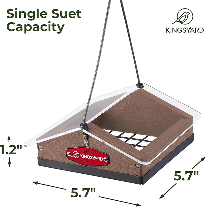 Kingsyard Upgraded Upside Down Suet Feeder for Outside Hanging - Recycled Plastic Wild Bird Feeder with Rainproof Roof for Attracting Woodpeckers Nuthatches Chickadees Finches. Brown