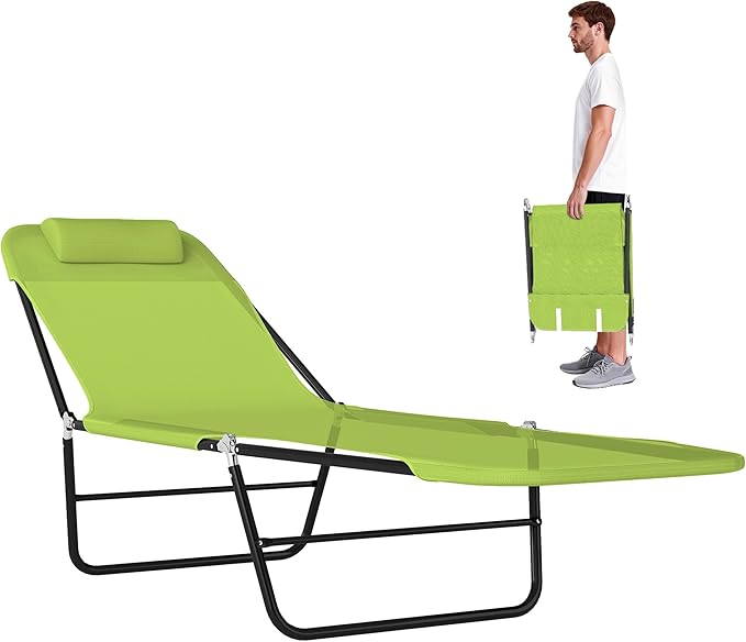 Outsunny Folding Chaise Lounge Chair, Pool Sun Tanning Chair, Outdoor Lounge Chair with Reclining Back, Breathable Mesh Seat, Headrest for Beach, Yard, Patio, Green