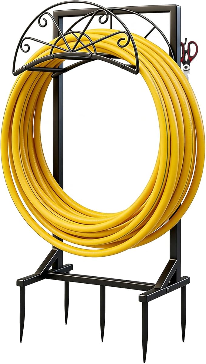 Garden Hose Holder with Stable Base and Tool Hooks, Heavy-Duty Metal Hose Hanger Garden Hose Storage Holds 151Ft Hose, Rustproof Freestanding Water Hose Rack for Yard, Lawn