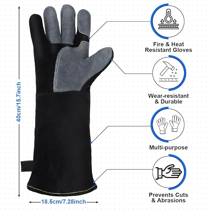 AUAUY Heat & Fire Resistant Gloves Leather BBQ Gloves Wear Resistant Heavy-Duty Welding Gloves for Grinding,Baking,Gardening