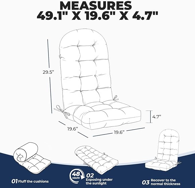 Outdoor/Indoor Adirondack Chair Cushion, Waterproof Outdoor Rocking Chair Cushion with Ties, Tufted Replacement Seat Cushions for Outdoor Furniture, Blue