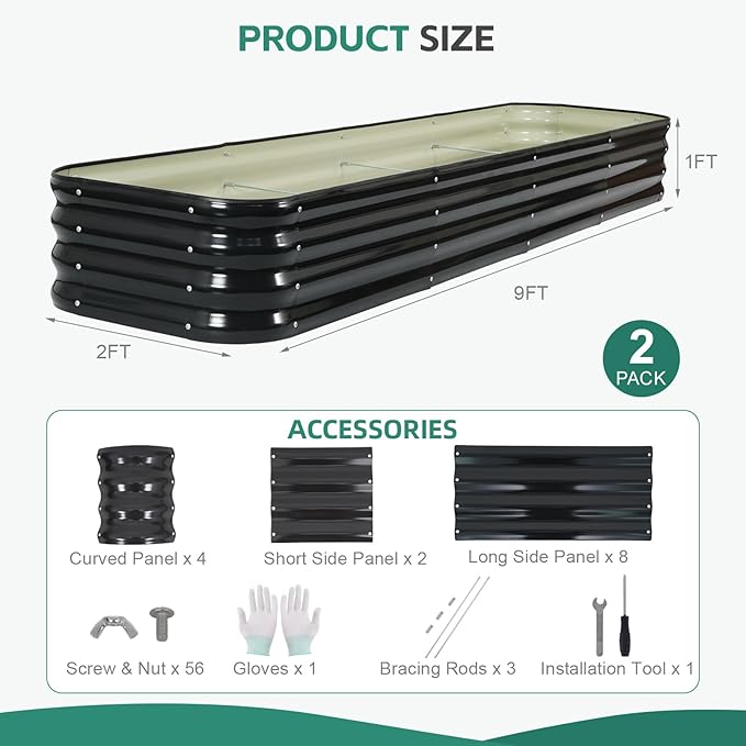 6 in 1 Galvanized Raised Garden Bed - 8x3x1ft (2Packs) Modular Planter Box Outdoor | Metal Raised Bed Kit with Bracing Rods for Gardening Vegetables Flowers Fruits Herbs (Dark Grey)