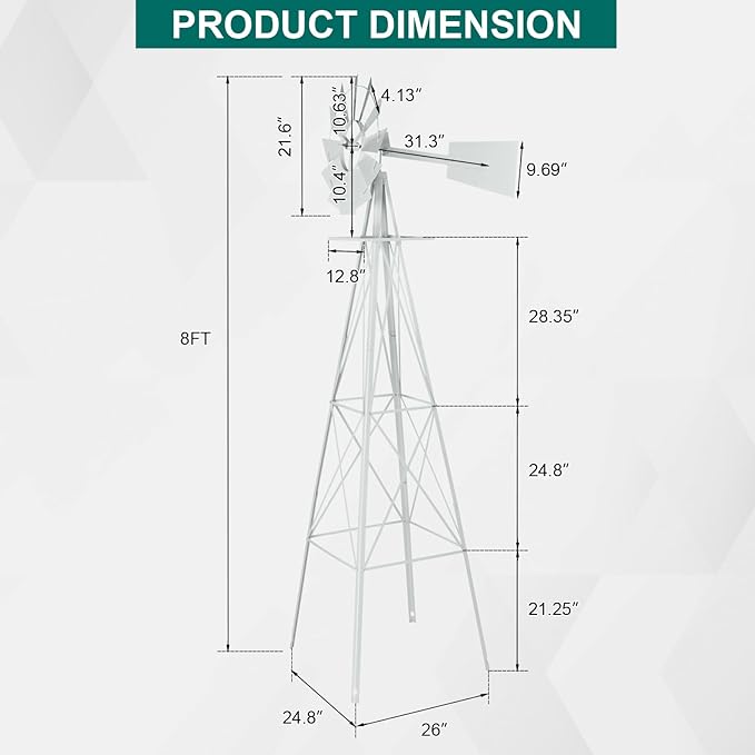 VINGLI 8FT Ornamental Windmill Backyard Garden Decoration Weather Vane, Heavy Duty Metal Wind Mill w/ 4 Legs Design,White