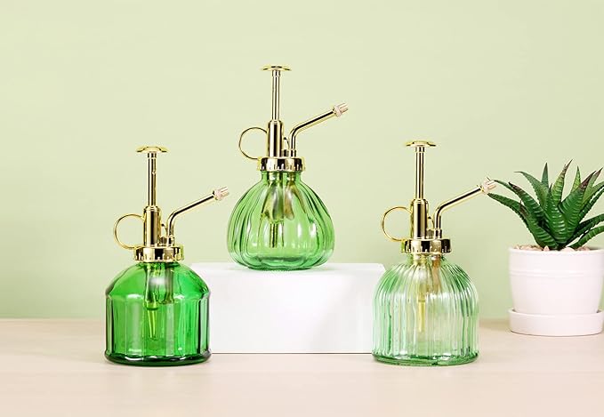 Glass Plant Mister - 6.5" Green Glass Water Spray Bottle with Gold Top Pump, Small Plant Sprayer for Indoor/Outdoor House Plants