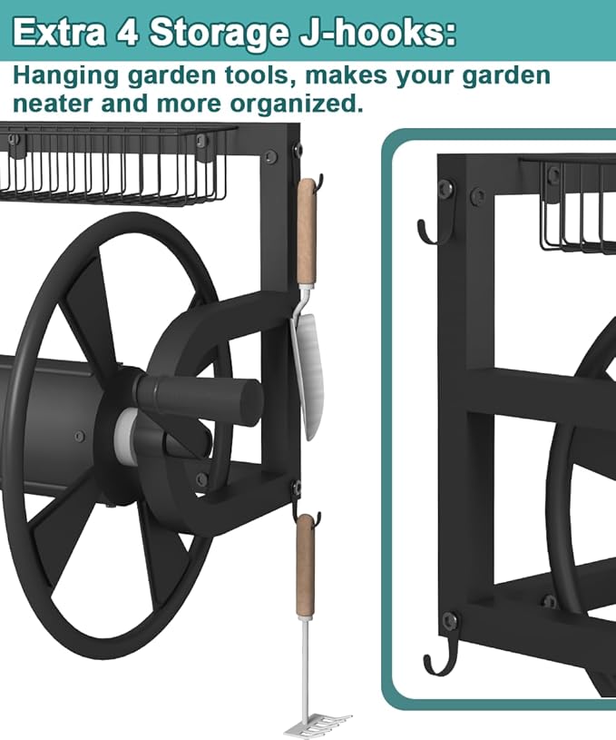 Outdoor Wall Mounted Hose Reel with Hook, Garden Heavy-Duty Water Holder Winder with 3.9 ft Leader Hoses, Brass Fitting and Storage Basket for Yard, Holds 125 Ft of 5/8-Inch Hose, Black