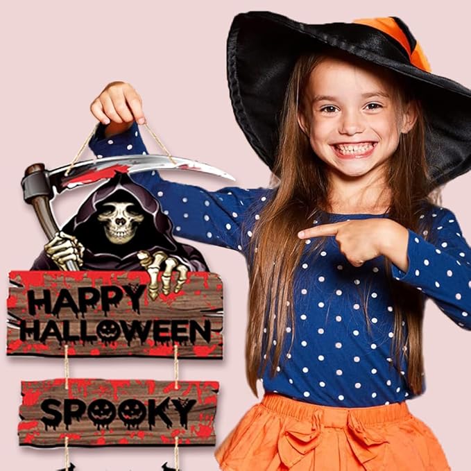 Happy Halloween Decorations Death Hanging Sign Front Door Hanger Wreath Decor Indoor Outdoor Decor for Halloween Party Home Farmhouse Wall Porch Yard Window Decoration Supplies