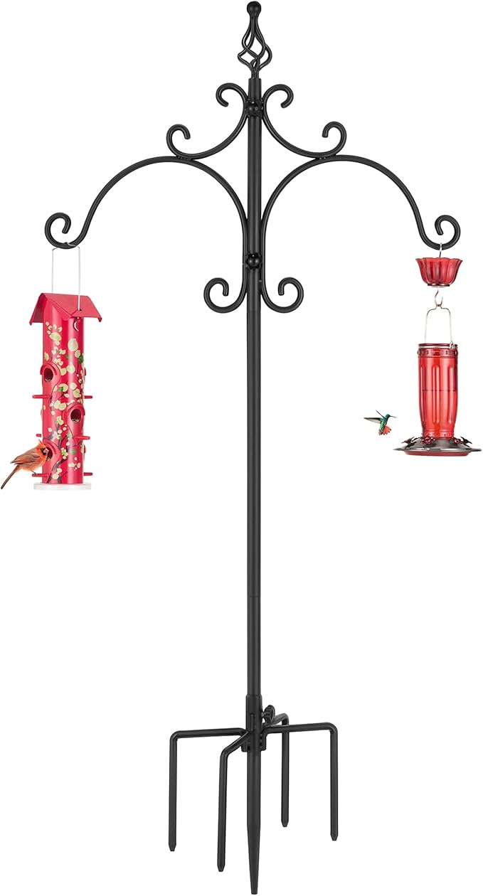 Kingsyard Double Shepherd Hooks for Outdoor - 108" Heavy Duty Decorative Bird Feeder Pole with 5-Prong Base, Adjustable Garden Pole for Hanging Bird Feeders Plants Solar Light Lantern, Black