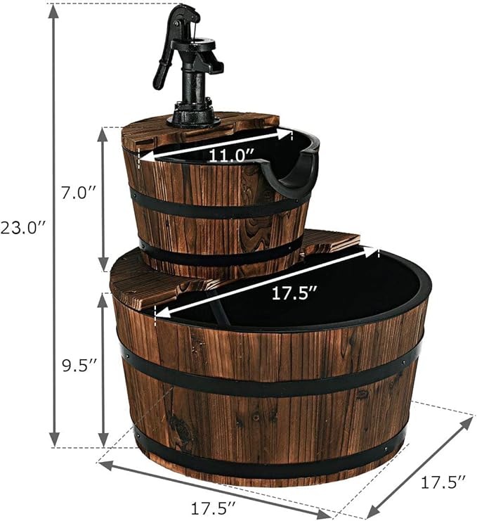 Giantex 2-Tier Barrel Waterfall Fountain Outdoor, Rustic Wood Barrel Cascading Water Fountain with Electric Pump, Outdoor Water Feature with Decorative Hand for Garden Patio Backyard Lawn Porch