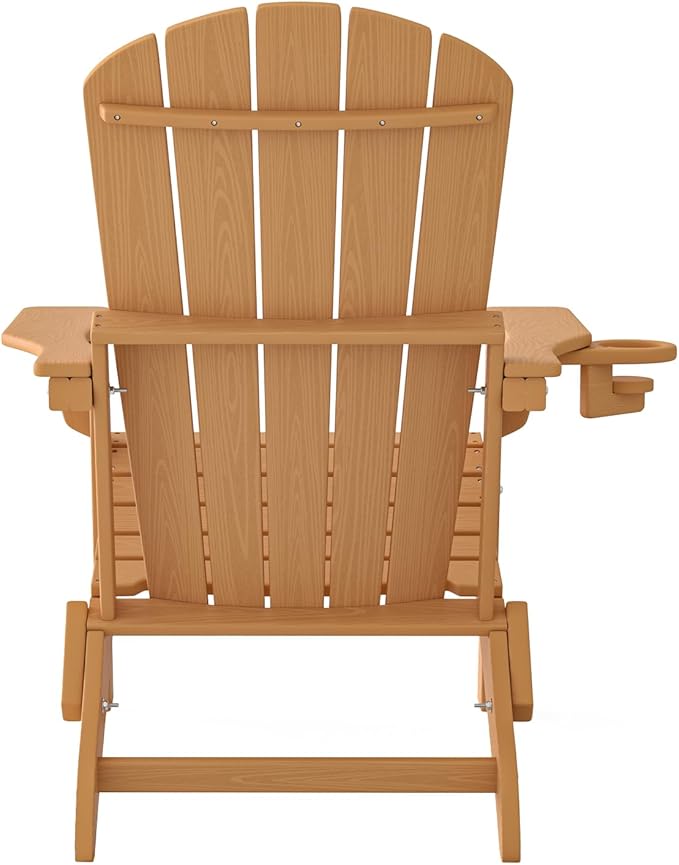 Plawdlik Folding Adirondack Chair Set of 2,Cup Holder,SGS Tested, Wooden Textured,Heavy All-Weather HDPE Comfortable Set,Poolside Backyard Lawn Use,Teak