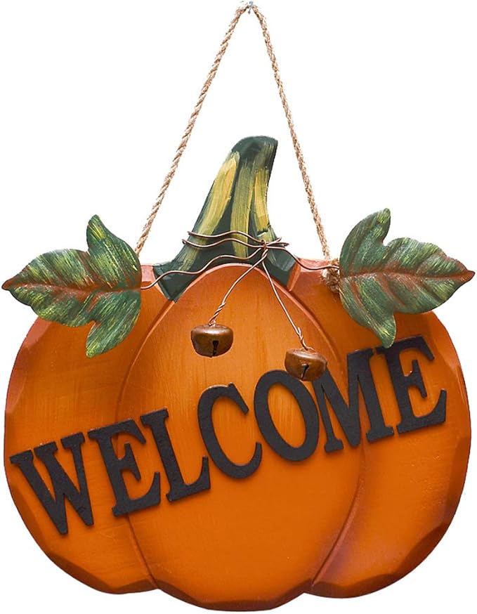 Wood Pumpkin Welcome Sign Fall Front Door Decor, Rustic Hanging Welcome Door Sign for Autumn Harvest Thanksgiving Halloween Door Wall Decoration Indoor Outdoor Fall Decor for Home 9.75"X9.5"