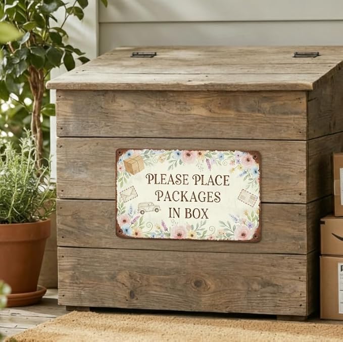 Floral Delivery Tin Sign - "Please Place Packages in Box" - Vintage Watercolor Floral Porch Decor - Universal Instruction Plaque for All Carriers - 8x12 Rust-Free Aluminum - Polite Package Drop Off Metal Sign