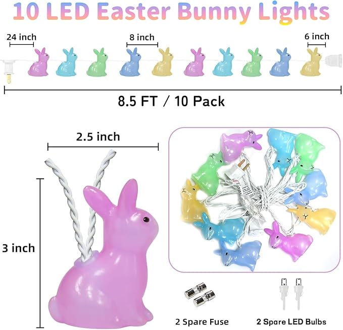 8.5FT Easter Decorations Bunny Lights, 10Pcs LED Pastel Easter Bunny Lights Plug in, Easters Light String for Spring Themed Party Garden Patio Easters Decorations Outdoor Indoor, White Wire