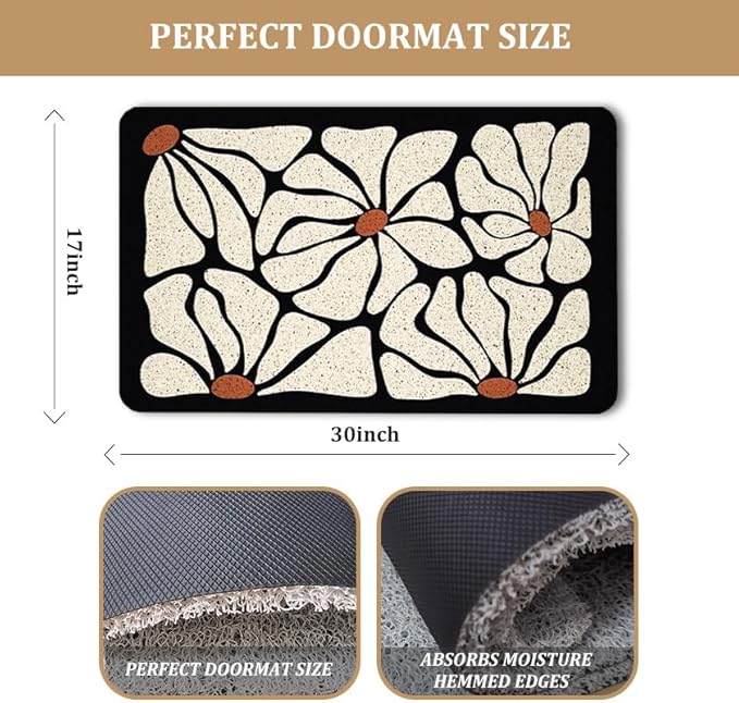 Boho Beige and Black Floral Door Mat - Bohemian Neutral Floral Front Door Welcome Mats Outdoor Entrance, 17x30 Rug