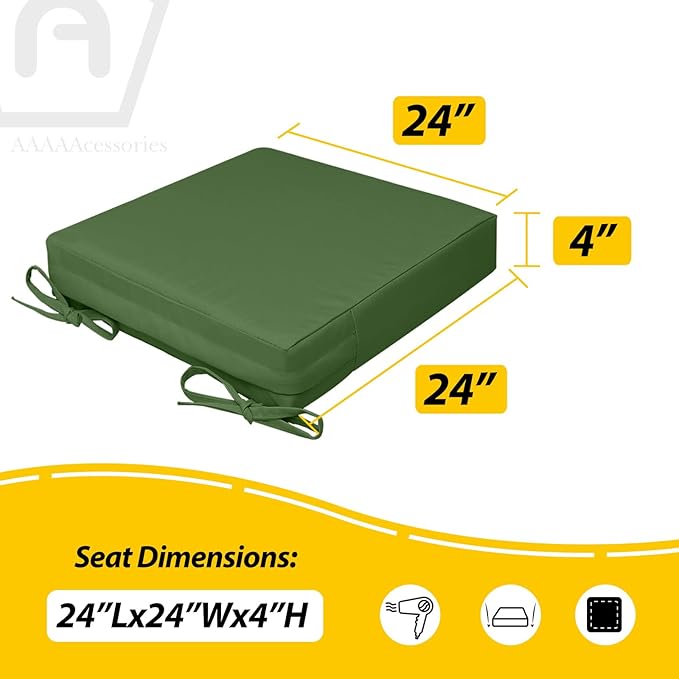 AAAAAcessories Outdoor Seat Cushions for Chairs, Waterproof, Fade-Resistant, 24" x 24" x 4", Patio Furniture Replacement Cushions, Set of 2, Dark Moss Green