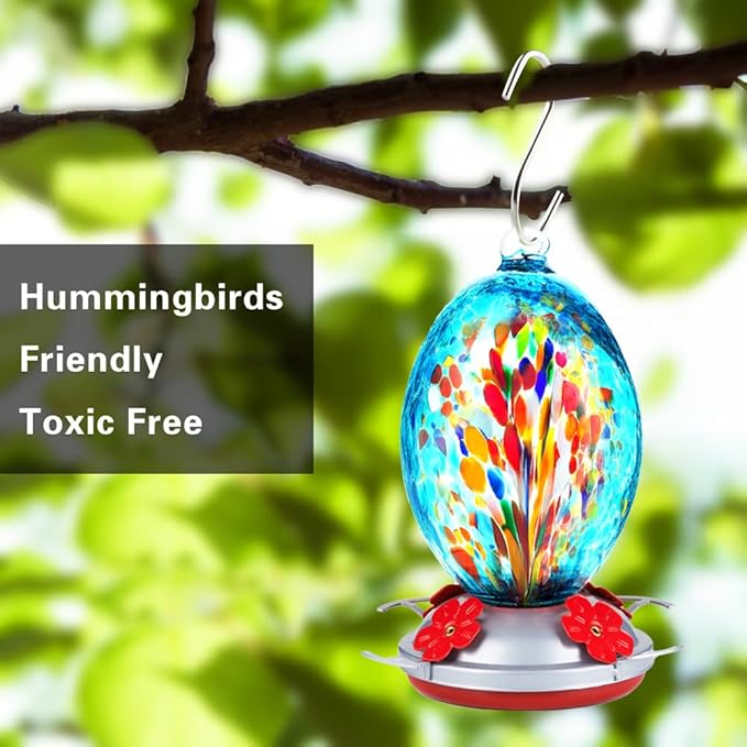 2 Pack Unique Hand Blown Glass Hummingbird Feeders for Outdoors Hanging Patio Garden Decorations Hummingbird Feeder with Ant Moat Hook Brush and Service Card (Blue and Fire)