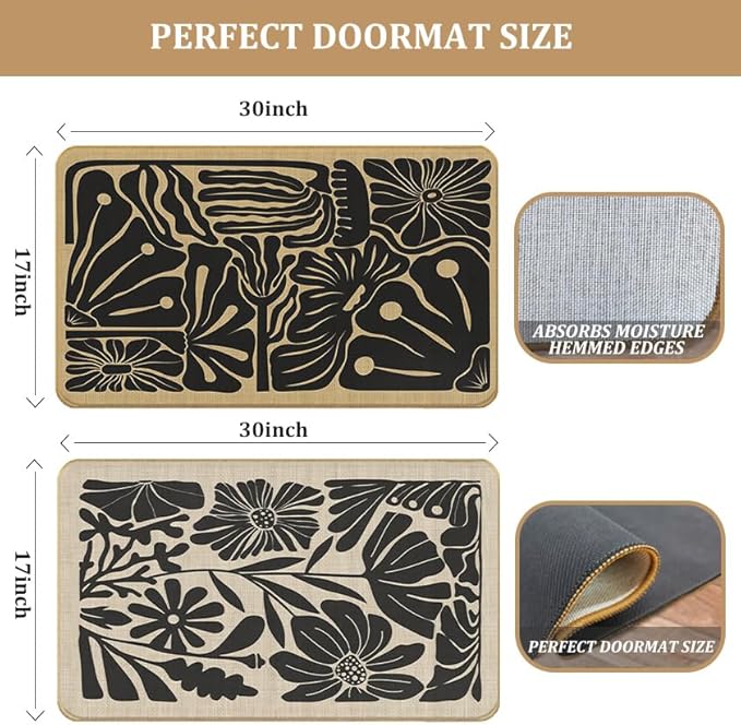 Boho Beige and Black Floral Door Mat Set 2 - Bohemian Neutral Floral Front Door Welcome Mats Outdoor Entrance, 17x30 Rug