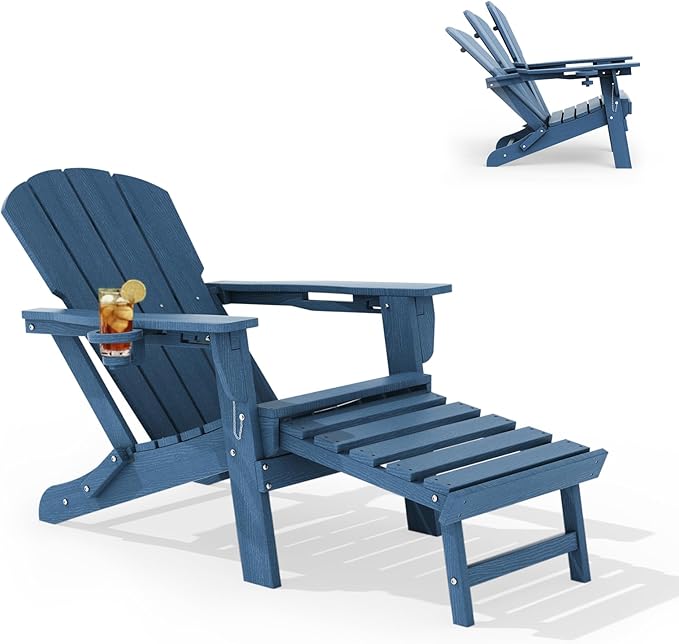 LOUNZY Folding Adjustable Adirondack Chair with Retractable Ottoman, HDPE Recliner Adirondack Chair with Cup Holder for Deck Lawn Fire Pit, Navy