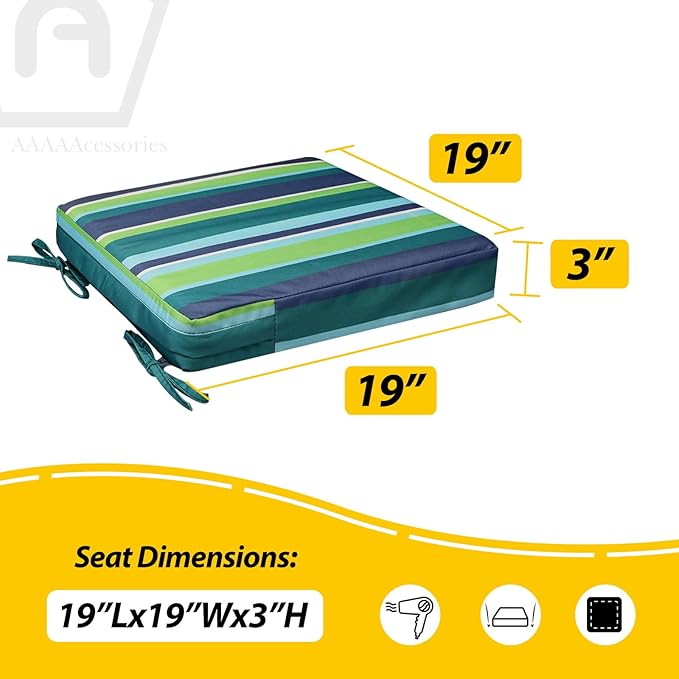 AAAAAcessories Outdoor Seat Cushions for Chairs, Waterproof, Fade-Resistant, 19" x 19" x 3", Patio Furniture Replacement Cushions, Set of 2, Ash Teal Seaside Stripe