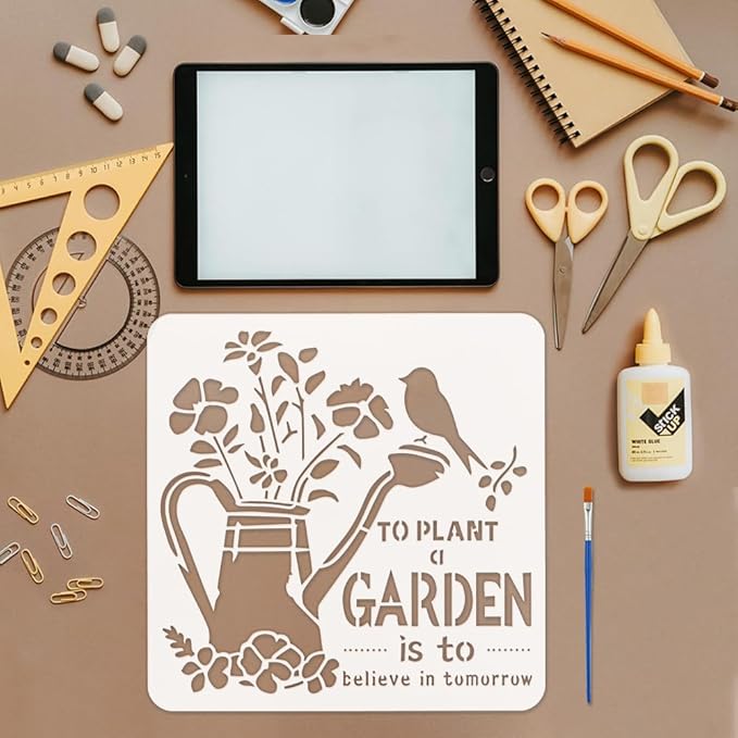 FINGERINSPIRE Garden Painting Template with Brush 11.8x11.8inch Watering Pot Words Painting Template Flowers Birds Painting Stencils Reusable DIY Art Craft Stencil for Painting on Wood Floor Wall