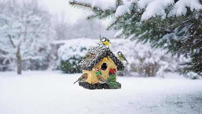 2026 Seeded Birdhouse, Wood Bird House Covered with Wild Birdfood, Water Proof Birdseeds Feeder for Outside Hanging, Birdseeded Bird House for Outdoor