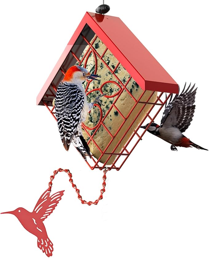 Suet Bird Feeder, Metal Suet Feeder for Outside Hanging, Single Suet Cake Capacity, Fruit and Suet Feeder Style for Outside Hanging(Red)