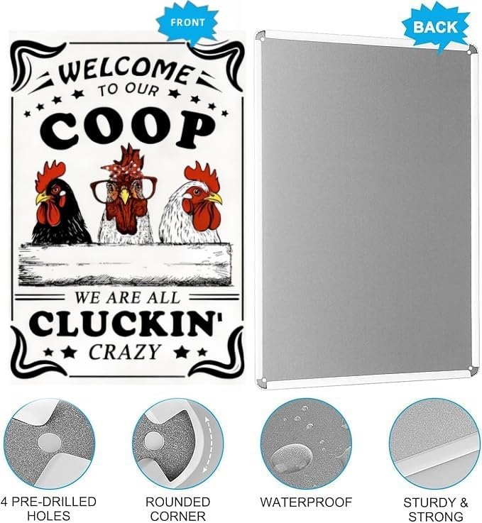 Funny Chicken Sign – Retro Tin Sign for Coop, Farmhouse, or Kitchen Wall, Cute Farm Animal Decor for Chicken Lovers, 12x8 Inch