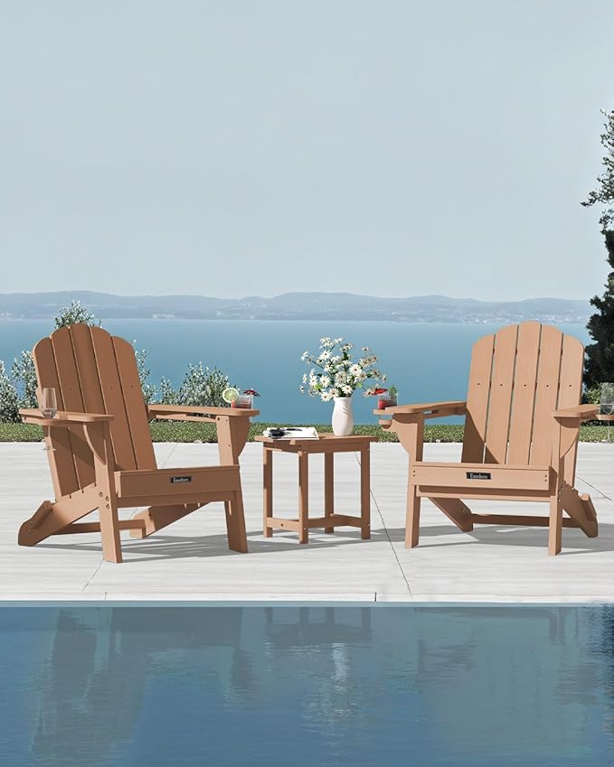 Folding Adirondack Chair, HDPE Adirondack Chair with 2 Cup Holders, Outdoor Fire Pit Chairs for Patio, Garden, Poolside, Teak