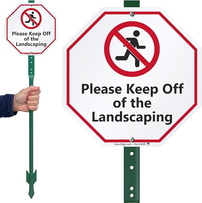SmartSign 10 x 10 inch “Please Keep Off Of The Landscaping” LawnBoss Yard Sign with 3 foot Stake, 40 mil Laminated Rustproof Aluminum, Red, Black and White, Set of 1, Made in USA
